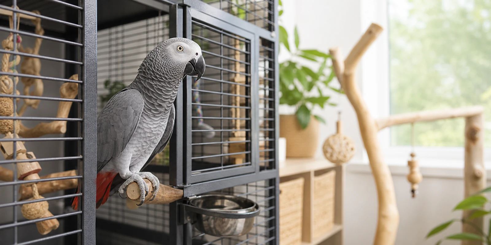 African Grey parrot in a clean bird care setup with cage, perches, water, and enrichment toys