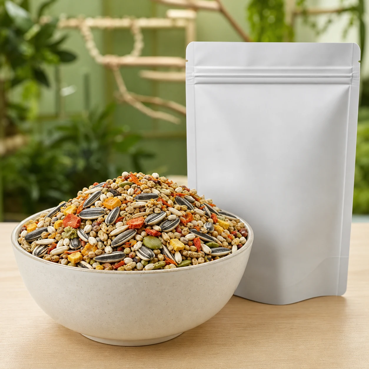 Large parrot seed blend in a bowl with a plain food pouch