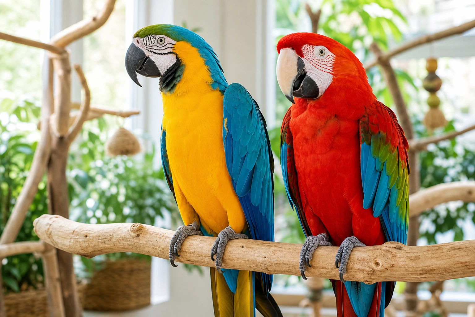 Blue and gold and scarlet Macaw parrots on a natural perch