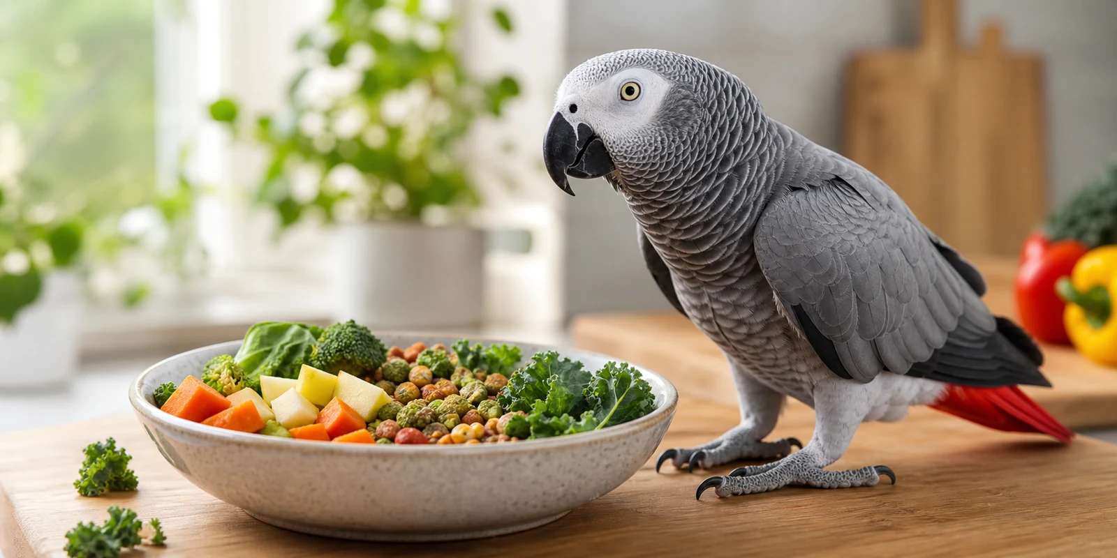 African Grey parrot with a healthy parrot feeding bowl of pellets, vegetables, and clean food