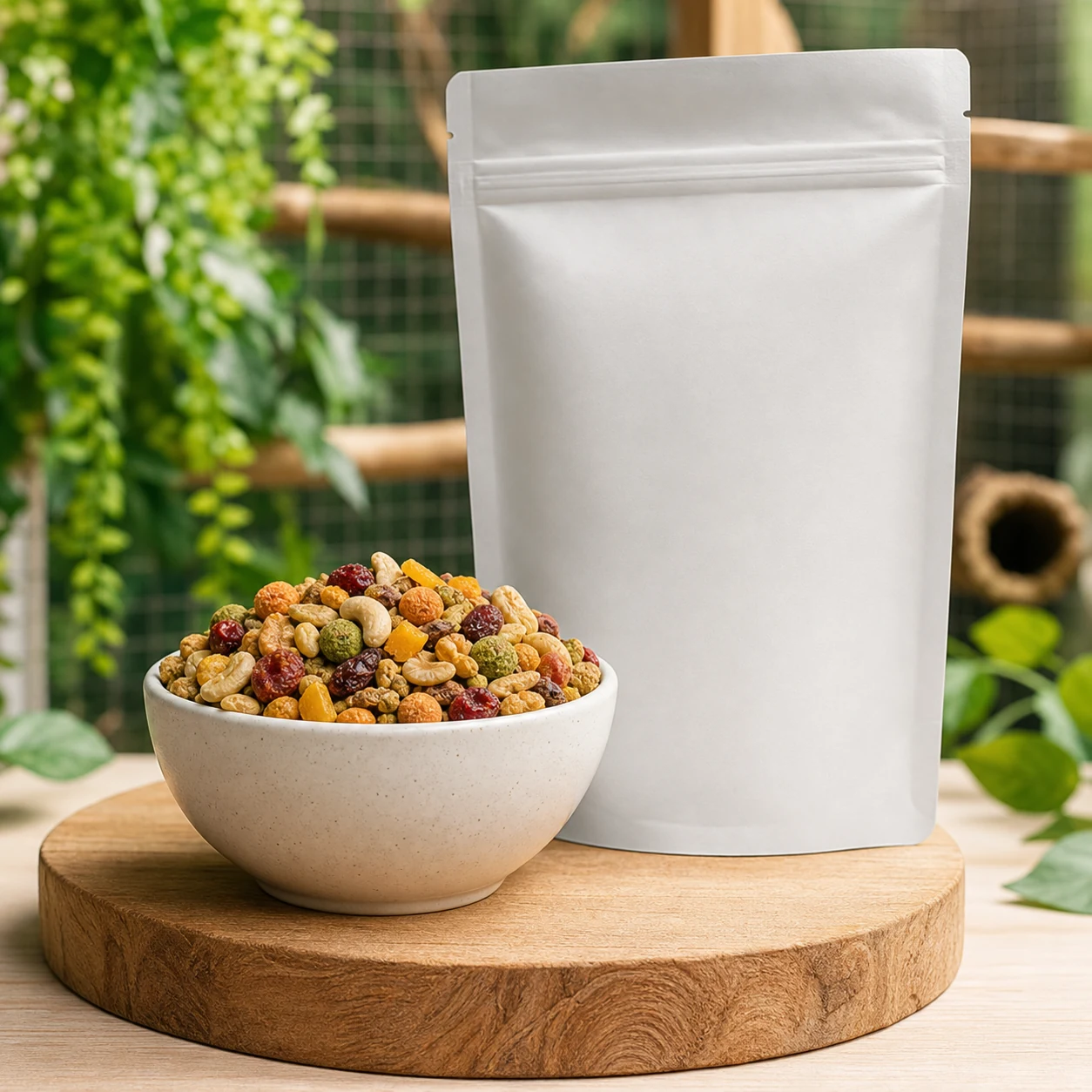 Small parrot training treat bites in a bowl with a plain food pouch