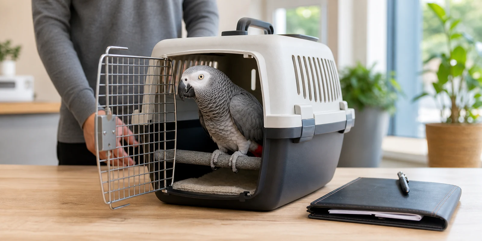 African Grey parrot prepared for safe pickup or delivery in a clean travel carrier