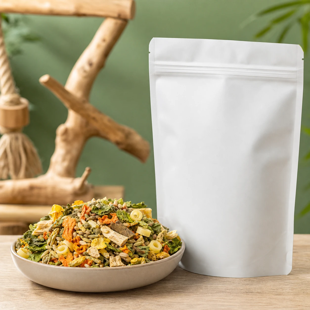 Vegetable foraging parrot food mix with a plain food pouch